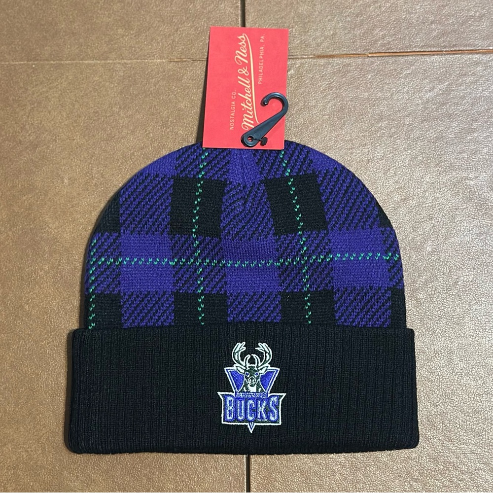 NWT - Mitchell & Ness Milwaukee Bucks Purple and Black Plaid Cuffed Knit Beanie